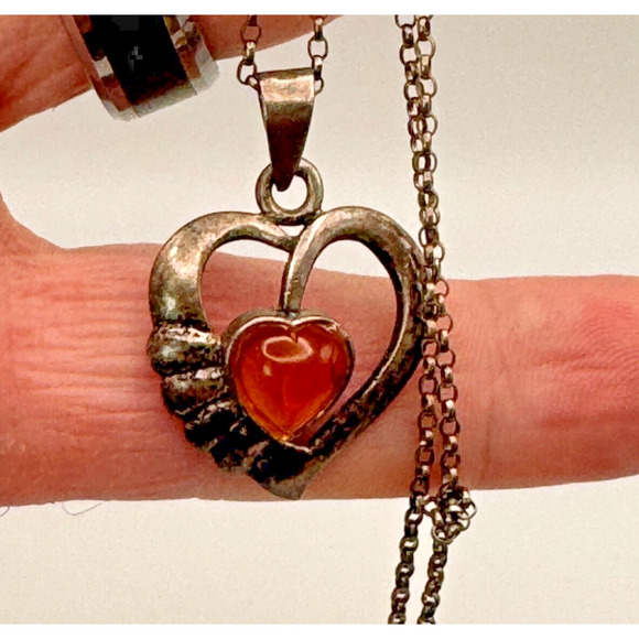 Vintage Sterling Silver Natural Baltic Amber Oval Heart 18" Necklace Chain 24" - Picture 1 of 5